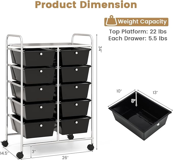 HAPPYGRILL 10-Drawer Rolling Storage Cart, Storage Organizer Cart - Image 7