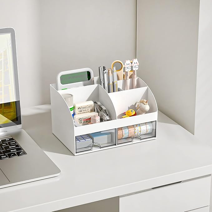 Desk Organizer with 6 Compartments and 2 Drawers, Plastic Makeup Organizer - Image 4
