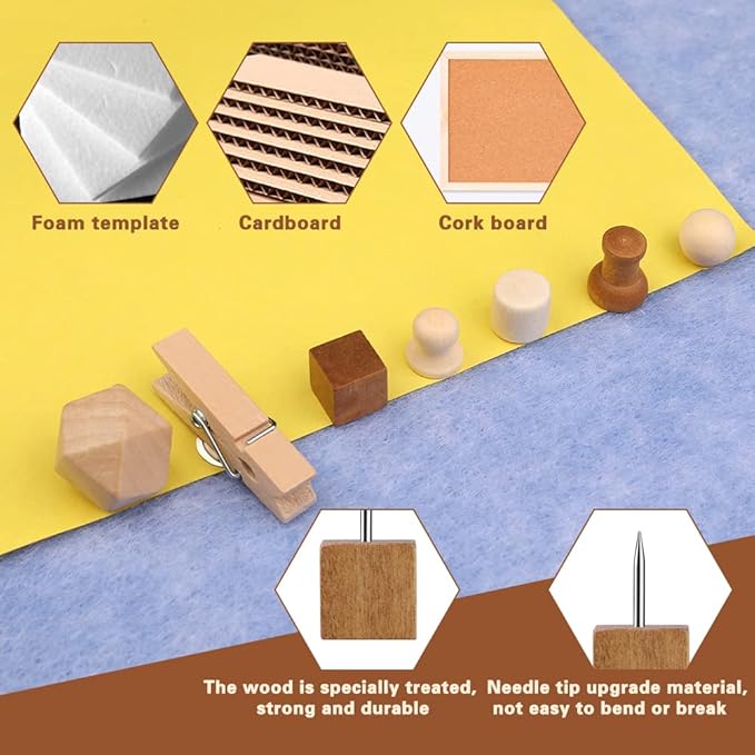 114 Pcs Wood Push Pins, 2 Colors and 7 Types Decorative Thumb Tacks Wooden Head - Image 4