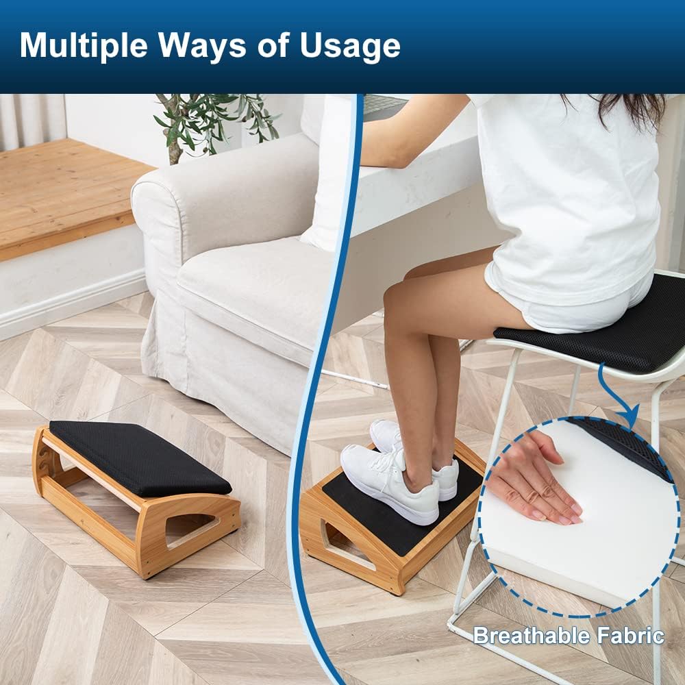 StrongTek Wooden Foot Stool Under Desk, Removable Cushion, 3 Angles