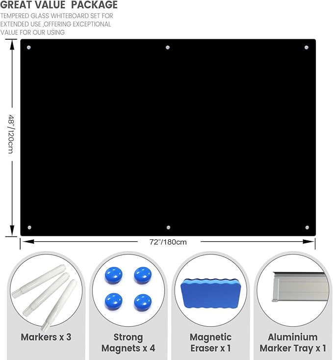 Magnetic Glass Writeboard 72"x48" Premium Tempered Dry Erase Boards Wall - Image 4