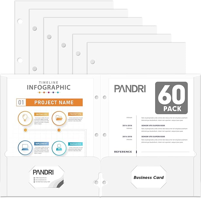 Two Pocket Portfolio Folders, PANDRI 60 Pack 3 Hole Punched 2 Pocket Folders by PANDRI
