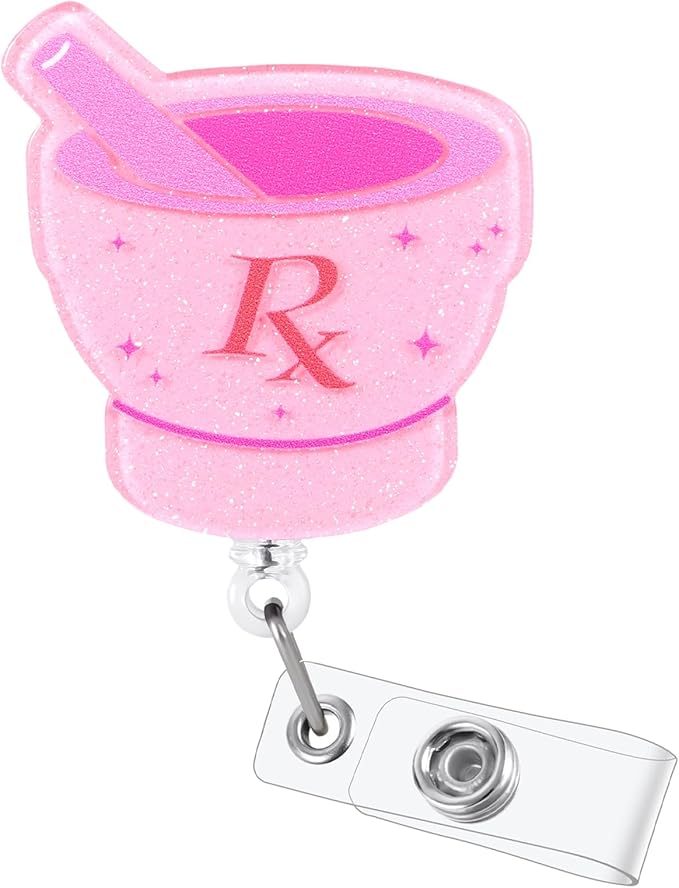 Funny Pink RX Nurse Badge Reel, Cute Pharmacy Tech Mortar and Pestle by LINAYOHA