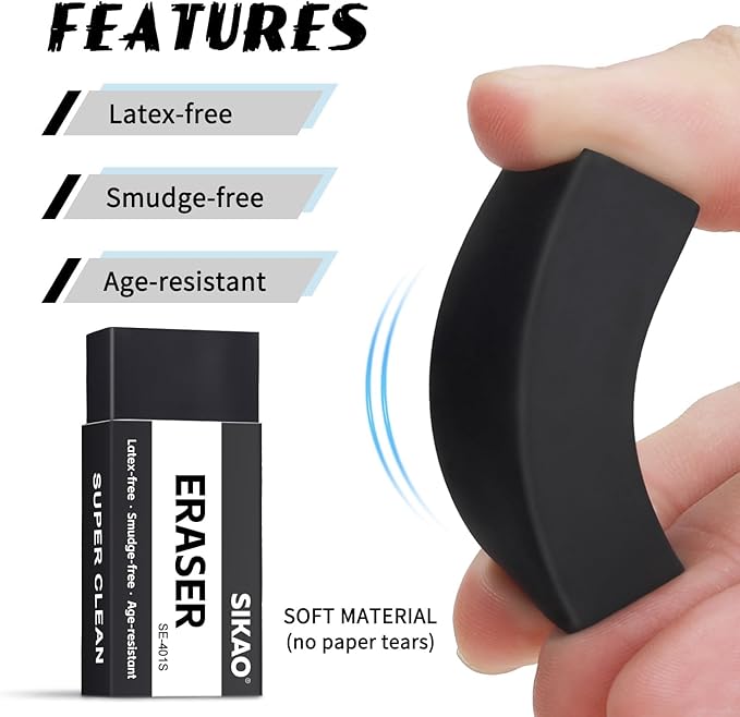Black Erasers, 6 Pack Block Pencil Erasers – Smudge-Free Latex-Free Art Erasers - Image 3