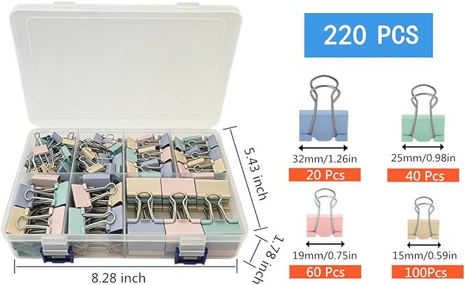 220 Pcs Colored Binder Clips Paper Clamps Assorted Sizes Large, X Small - Image 2