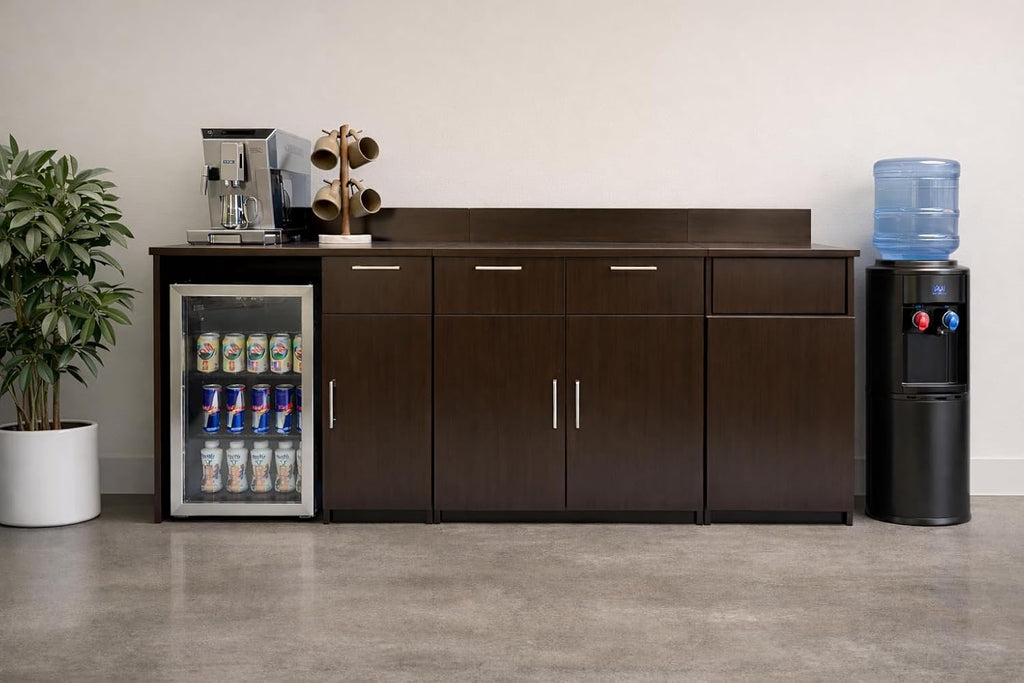 BREAKtime Breakroom Cabinet with Mini Fridge Space, Door Storage and Trash Bin, Office Coffee Station, Fully Assembled, 90" W x 24" D x 36" H, Appliances Not Included