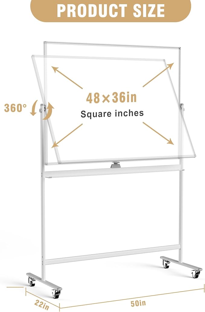 Rolling Whiteboard/w Height Adjustable, Mifuro 48 x 36 Large Portable Dry Erase - Image 5