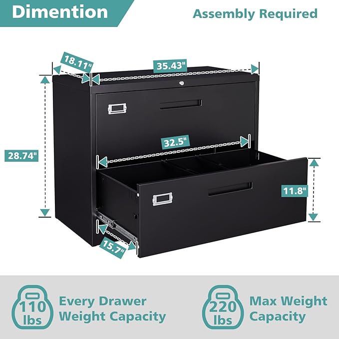 MIIIKO Lateral File Cabinet 2 Drawer, 35.4" Wide Drawers Storage File Cabinet - Image 3