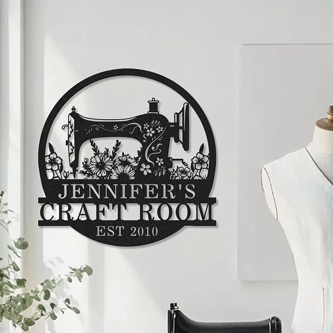 Custom Name Sewing Room Sign, Personalized Flowers Sewing Machine Metal Wall - Image 2