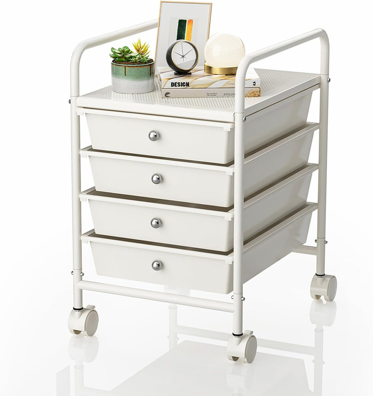 4-Tier Utility Cart with 4 Drawers, Rolling Utility Cart with 2 Lockable Cast...