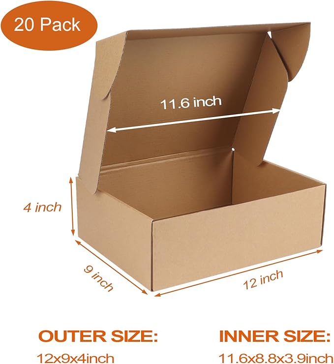 PHAREGE 12x9x4 inch Shipping Boxes Bulk 20 Pack Brown, Tab Lock Tuck Top Mailer - Image 2