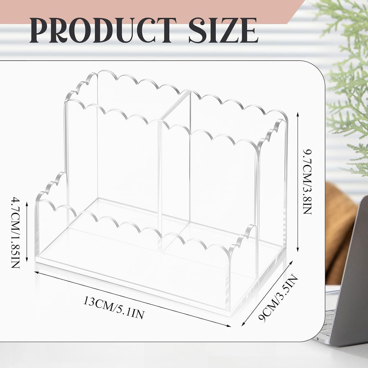 Scalloped Acrylic Pencil Holder for Desk, 3 Compartments
