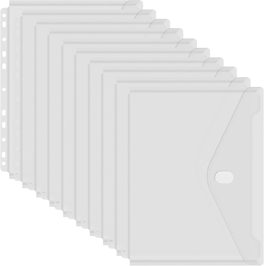 YoeeJob 10 Pack Binder Pockets with Hook and Loop Closure, Transparent | Letter size, clear PVC, 11 pre-punched holes, fits 2-, 3- and 4-ring binders, suitable for school and office use.