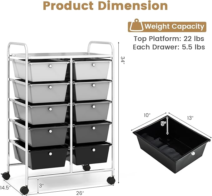 HAPPYGRILL 10-Drawer Rolling Storage Cart, Storage Organizer Cart - Image 6