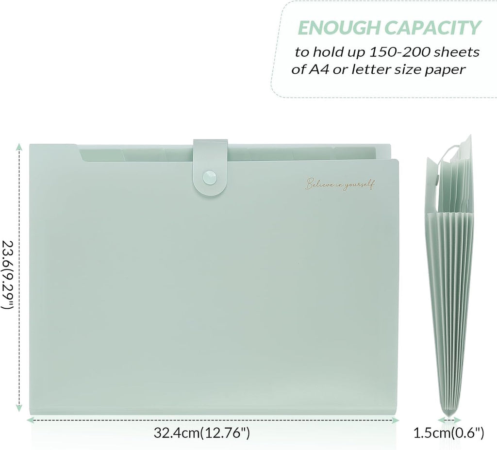 SKYDUE Expanding File Folder, Accordion File Organizer with 8 Pocket, Expandable Document Paper Receipt Holder for School Office Hospital, Letter/A4 Size Light Green