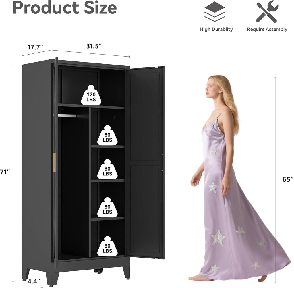 bevivog 71" metal storage cabinet, tall utility closet, close-up detail