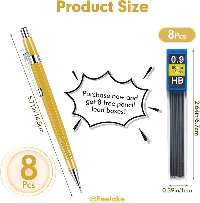 feelake 8 PCS Metal Mechanical Pencil, Durable 0.9mm Drafting Pencil, Comes - Image 2