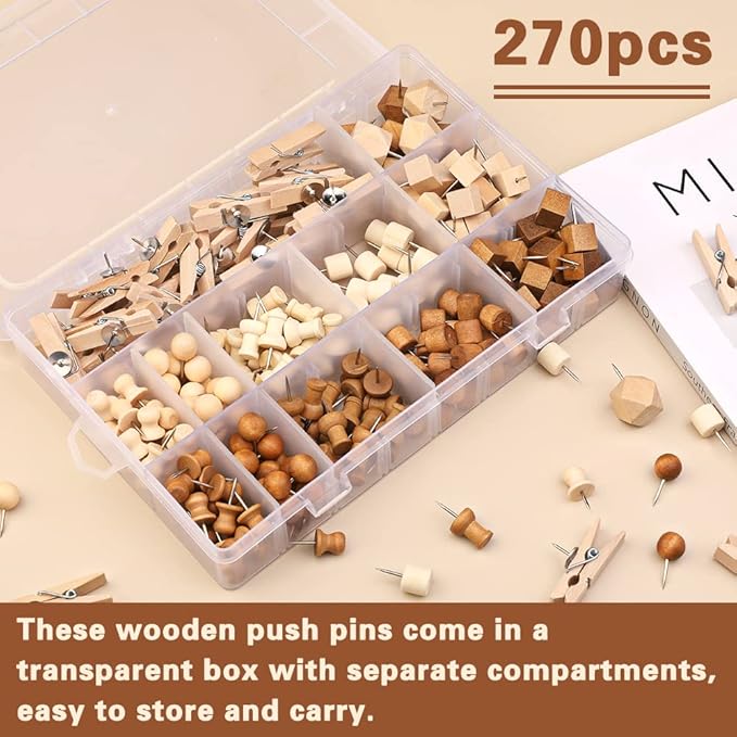 270 Pcs Wood Push Pins, 2 Colors and 7 Types Decorative Thumb Tacks Wooden Head - Image 3