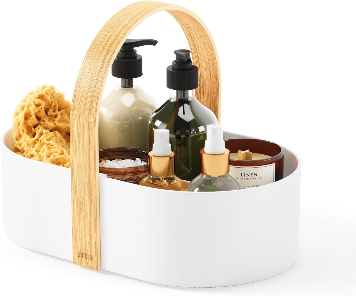 Umbra Bellwood Caddy, Wooden Handle Makeup Organizer, Small, White/Natural