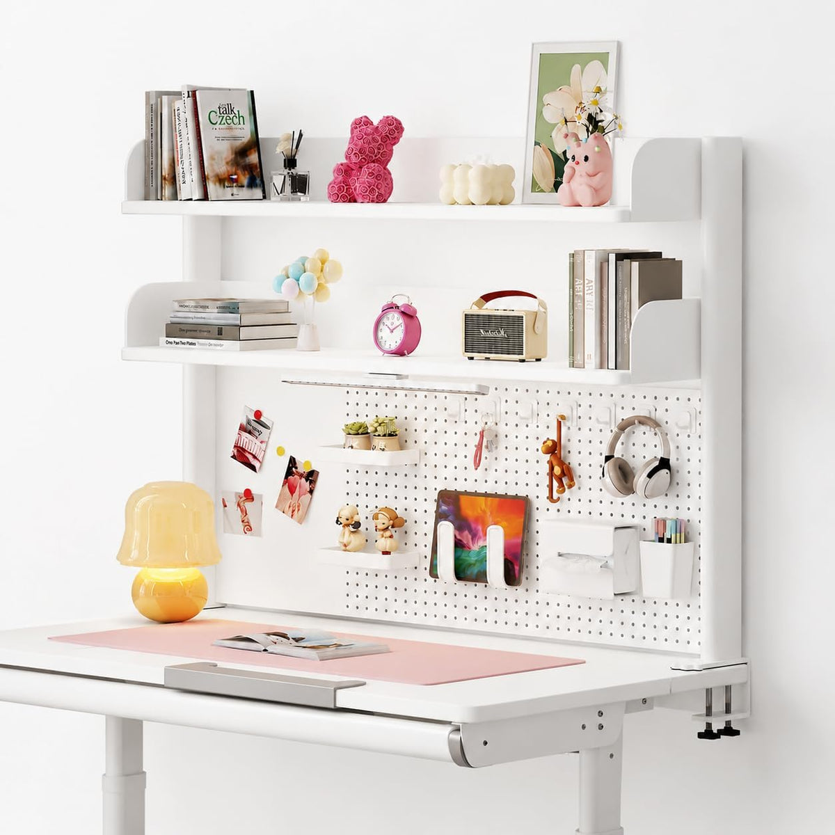 Clamp on Desk Shelf with Pegboard, Desktop Organization Bookshelf