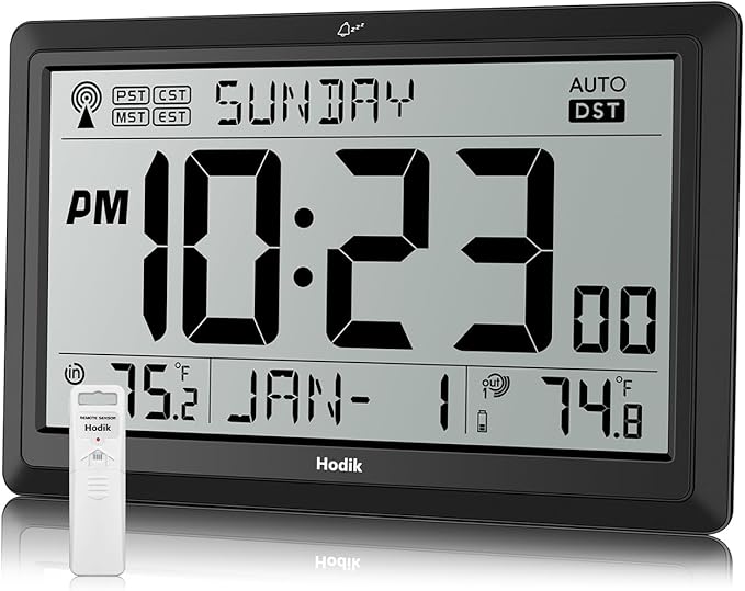 Wall Clock Atomic with Indoor Outdoor Temperature Battery Powered, Easy Reading by Hodik