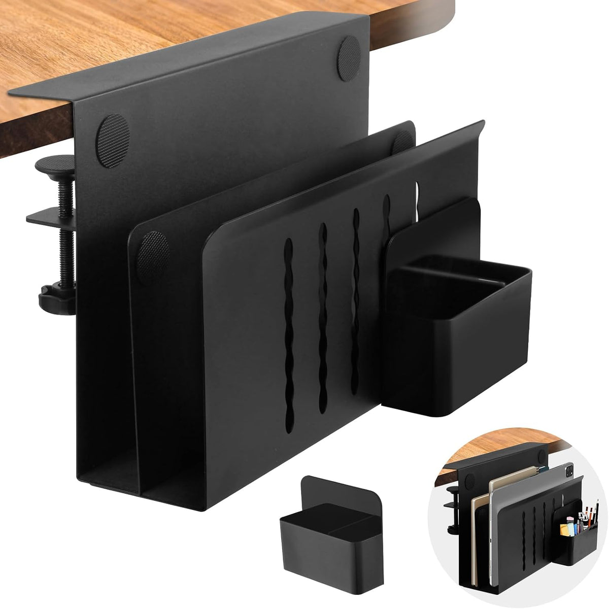 Desk Side Storage, 2 Tier Steel Hanging Organizer, No Drill Side Desk Organiz...