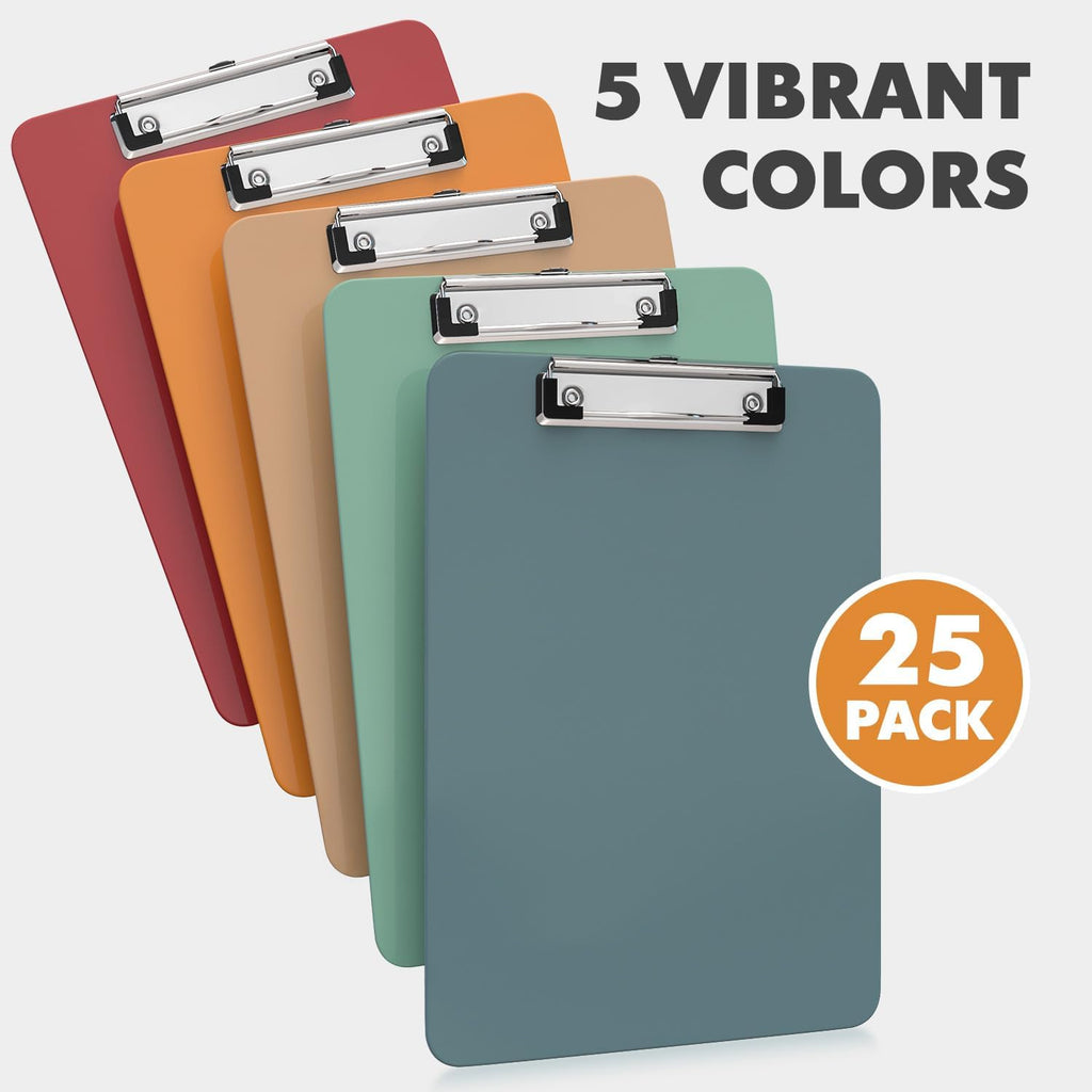 Kiggos 25 Pack Boho Color Clipboards Bulk Low Profile Lightweight & Durable Plastic Clipboard Set Holds 100 Sheets Classroom Office Teachers Students Kids & Home Organization Clip Boards