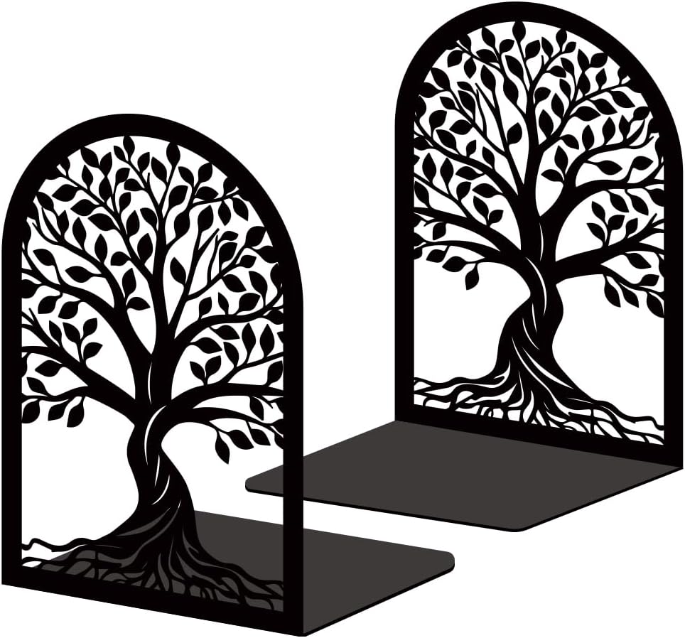 Tree of Life Book Shelf Decorative Bookends for Shelves, Book Ends for Heavy Books, Black Trees Metal Bookends for Desk Organizer, Office Library Decor Decorative Books for Home Decor