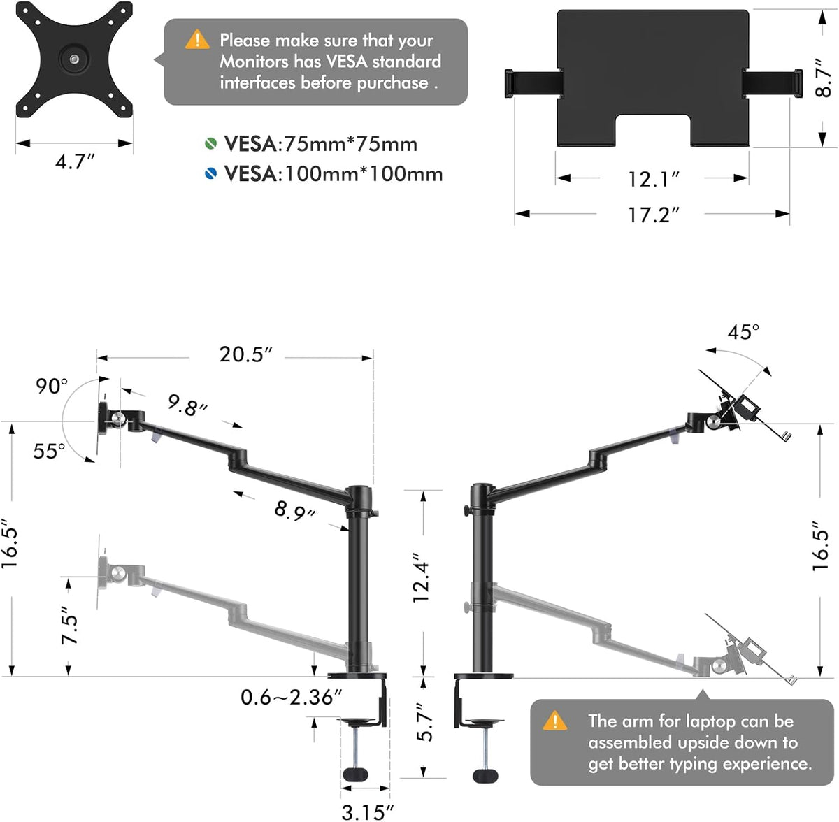 Viozon Laptop/Notebook/Projector Mount Stand, Height Adjustable Single Arm Mo...