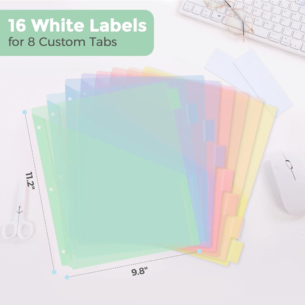 SKYDUE Pastel Binder Dividers with Tabs and Pockets - Soft Plastic Dividers for 3 Ring Binder, Includes 16 Blank Index Labels, for School & Office Organization, Green