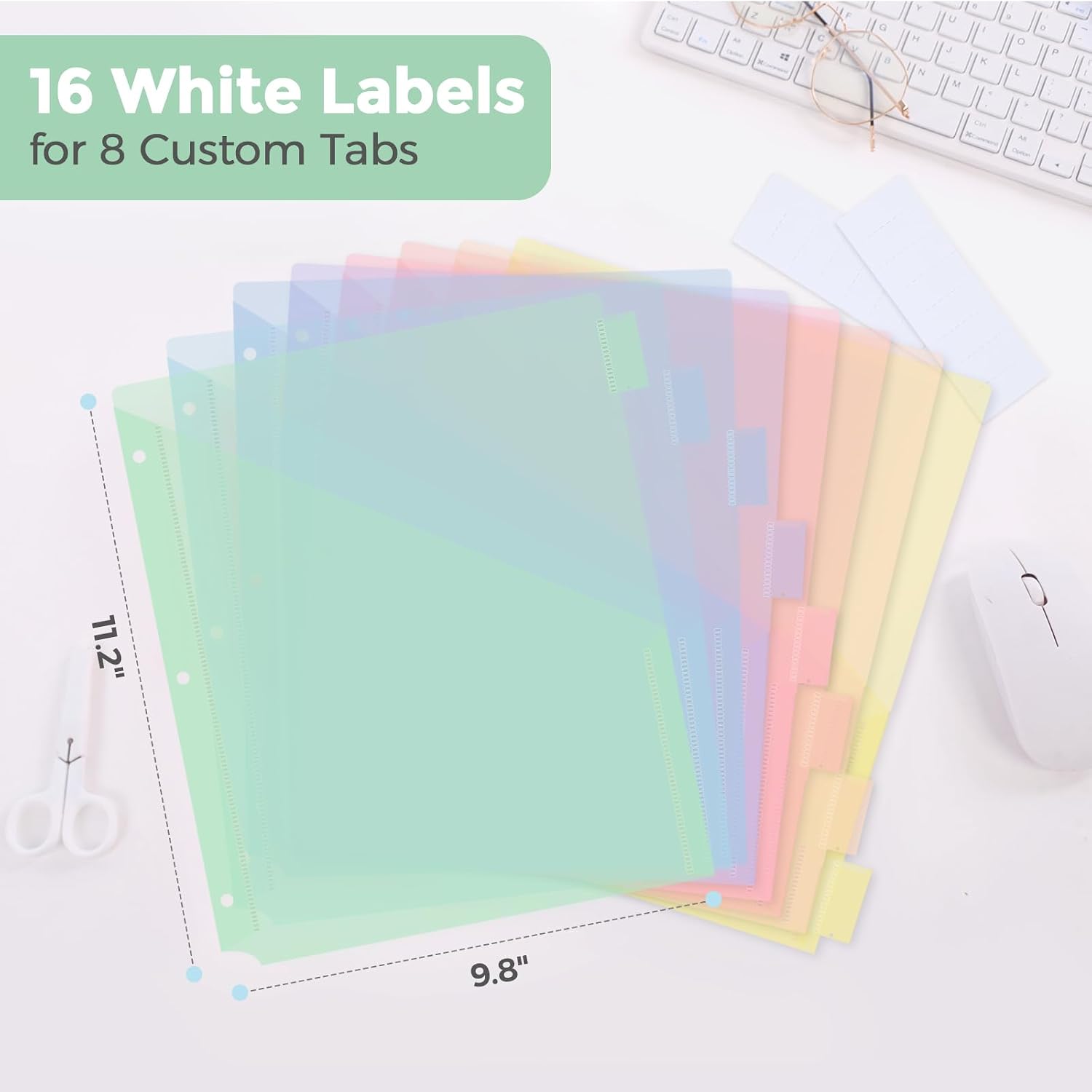 SKYDUE Pastel Binder Dividers with Tabs and Pockets - Soft Plastic Dividers for 3 Ring Binder, Includes 16 Blank Index Labels, for School & Office Organization, Green