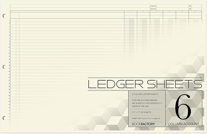 BookFactory Ledger Sheets/Large 6 Column Accounting Ledger Columnar Loose Leaf by BookFactory