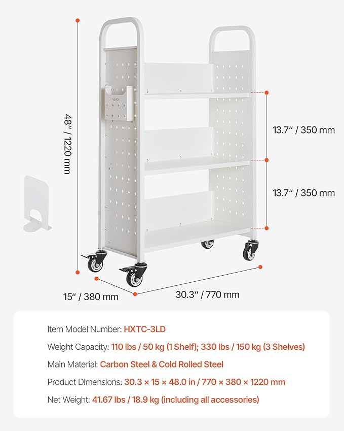 VEVOR Rolling Library Book Cart, 330 lbs Capacity, 30.3 x 15 x 48.0-Inch - Image 3