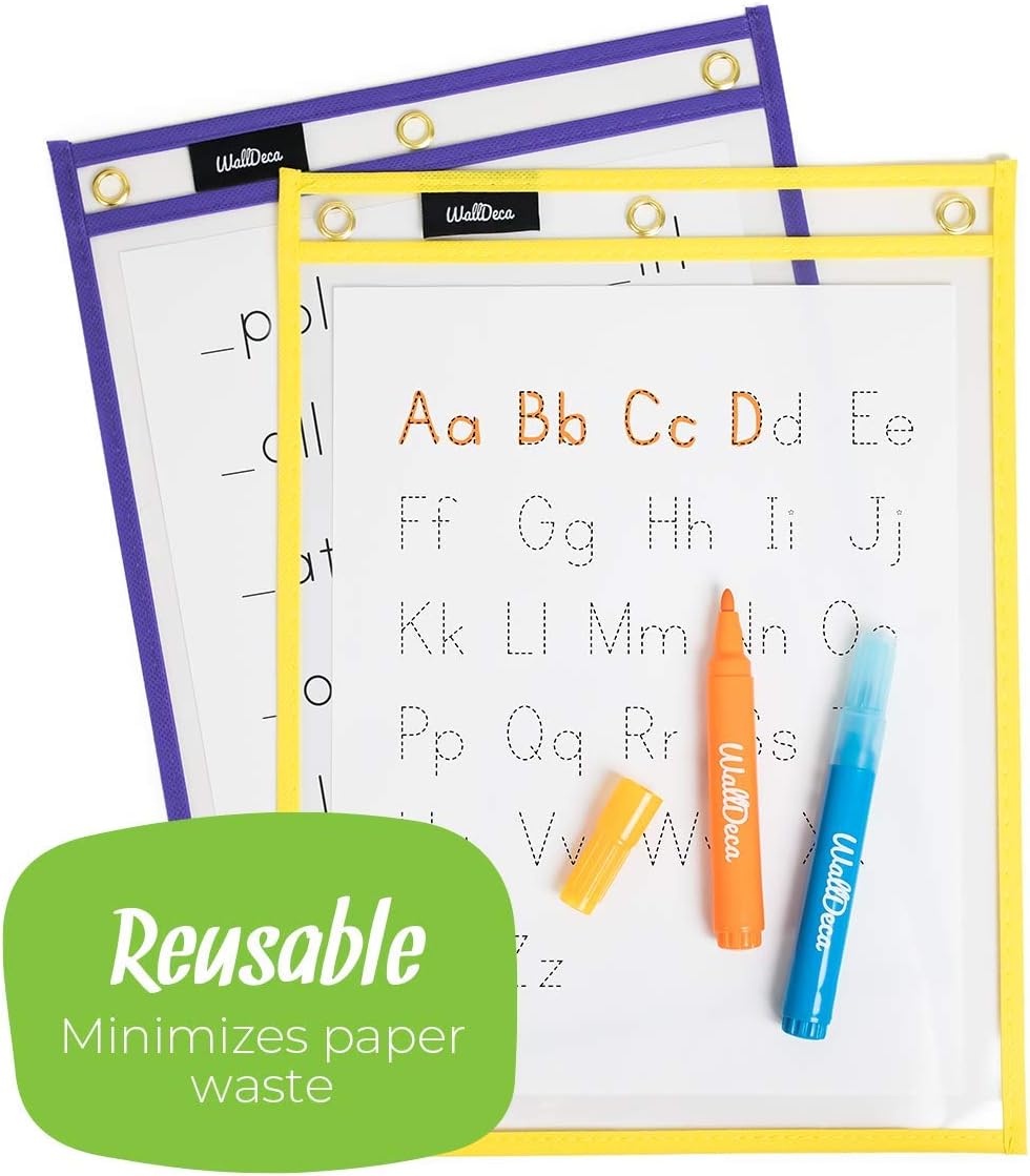Walldeca Dry Erase Pockets. Clear Plastic Sleeves 8.5x11 25 Pack Paper | Reusable Sleeves And Write And Wipe Pockets, Plastic Covers For A Paper Holder Pack, Ideal For Classroom Use Every Single Day