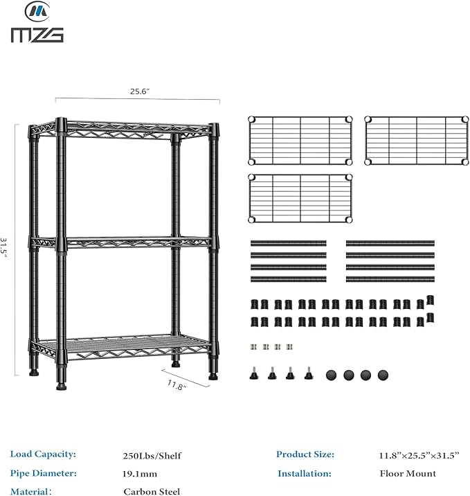 M MZG 750 lbs 3 Tier Shelf Metal Storage Shelves Wire Rack Closet Organizers - Image 3