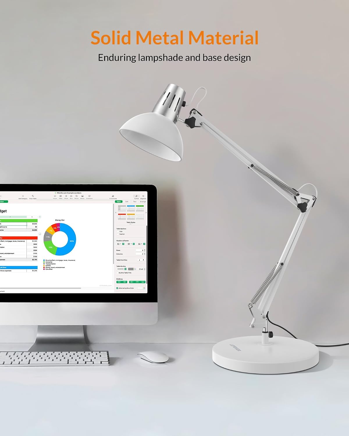 lepower metal adjustable desk lamp with clamp, swing, close-up detail