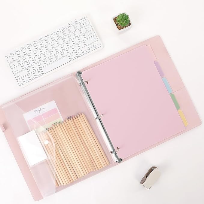 SKYDUE Pink 3 Ring Binder with Clipboard, 1 Inch Linen Binder - Image 2