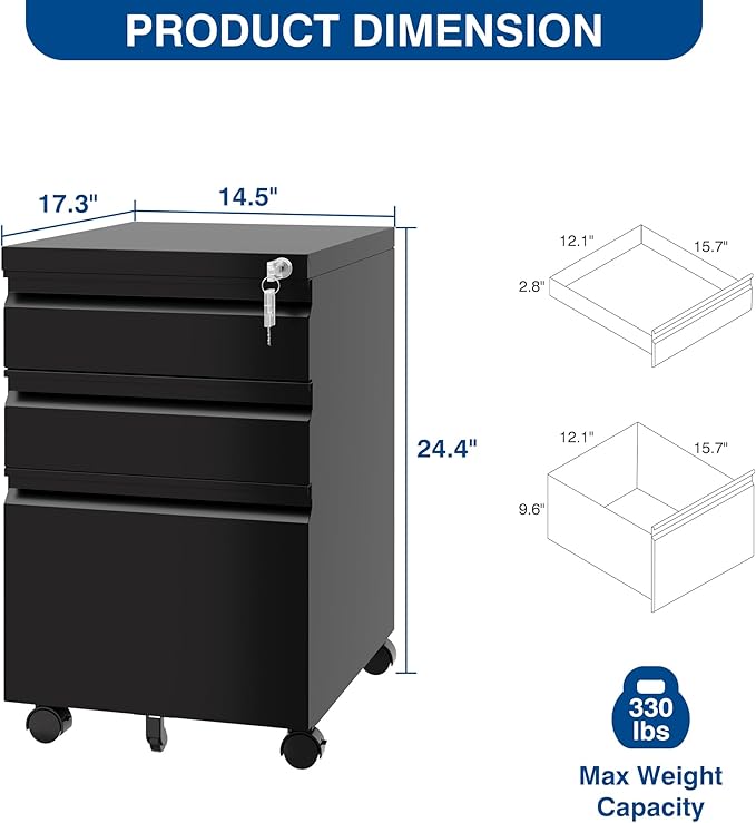 Fesbos 3 Drawer Mobile Metal File Cabinet, Pre-Built Office Storage File Cabinet - Image 2