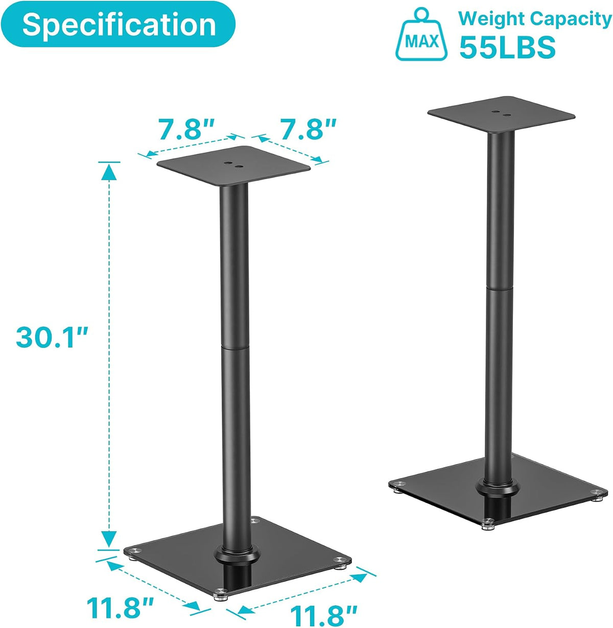 Speaker Stands Pair, 30" Fixed Height, 55lbs Weight Capacity, Glass Base