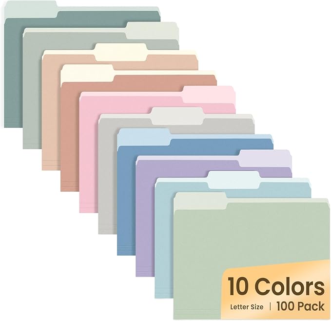SUNEE File Folders Letter Size 10 Pastel Colors, 100 Pack Manilla Folders 8.5 x by SUNEE