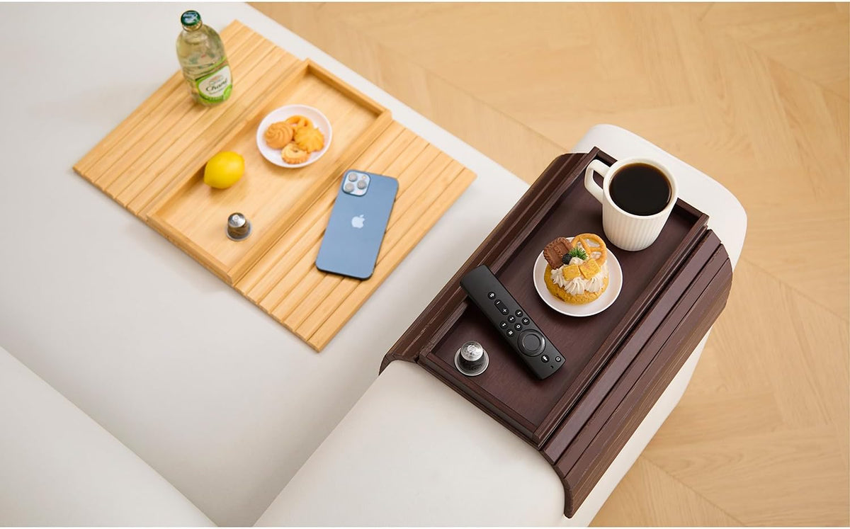 Bamboo Couch Arm Tray Table，Foldable Sofa Armrest Tray Table for Couch，Flexib...