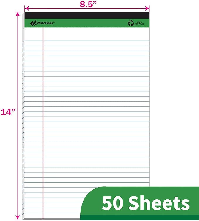 KAISA White Legal Pads Writing Pads Recycled Paper, 8.5"x14" Wide Ruled Lined - Image 2