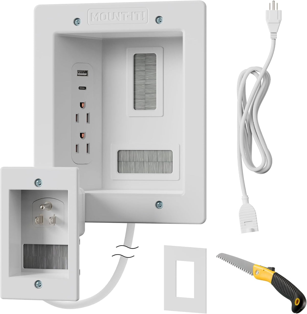 Mount-It in-Wall TV Cable Management Kit, USB-C, Dual Outlet, Cord Hider