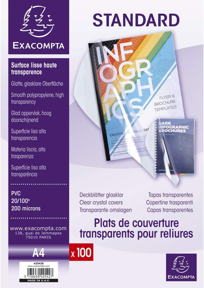 Exacompta - Ref 42542E - PVC Transparent Covers for Presentation Binders - Suitable for Storing A4 Documents, 0.2mm Thick Material - Clear (Pack of 100)