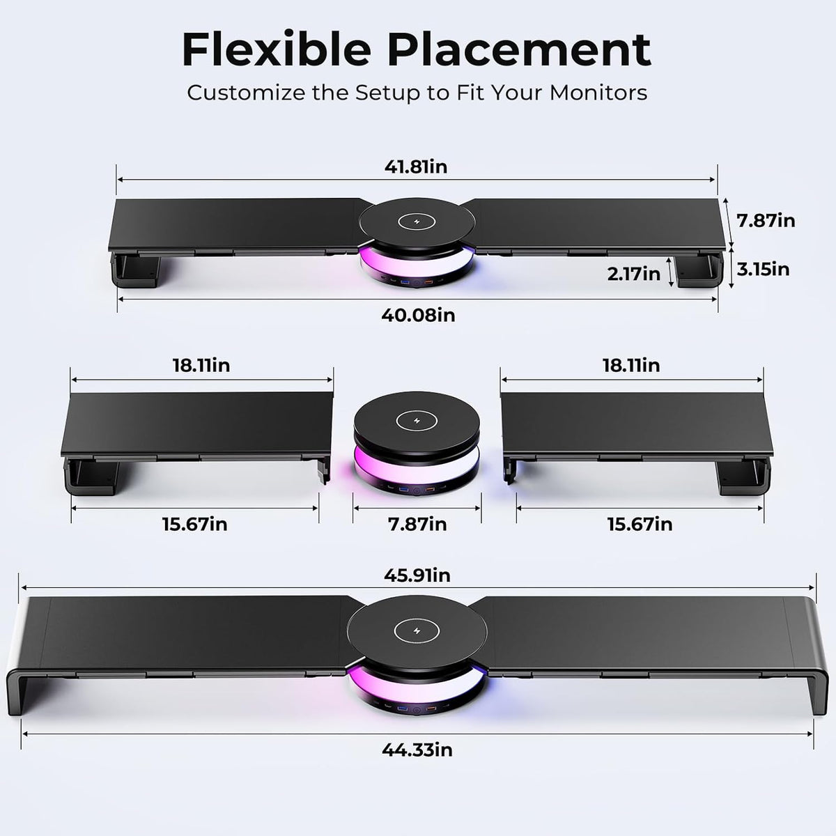 Dual Monitor Stand Riser with USB Hub, 15W Wireless Charging & RGB