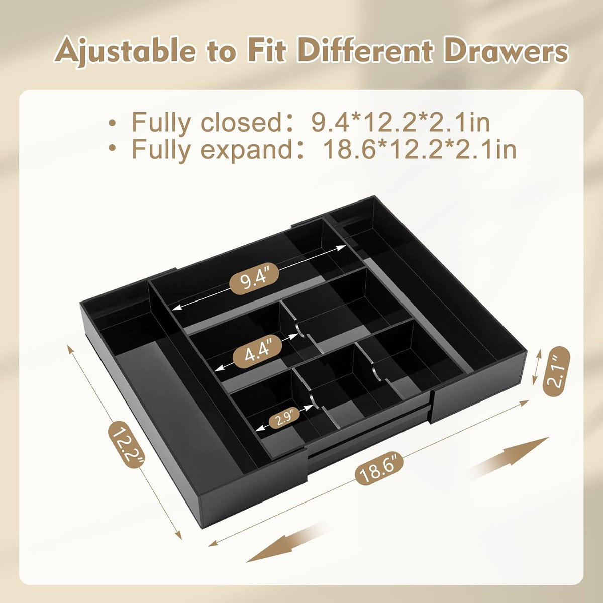 Briwooody Black Acrylic Drawer Organizer Expandable,8 Compartments,Large