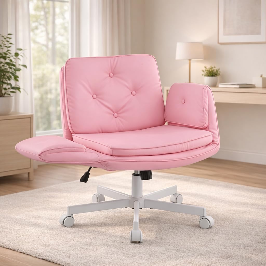 MOJAY Velvet Office Swivel Chair, Vanity Chair, Fabric Desk Chair, Pretty Fancy Chair, Gold Office Chair for Girls, 360°Swivel Height Adjustable Reception Chair (Pink PU)