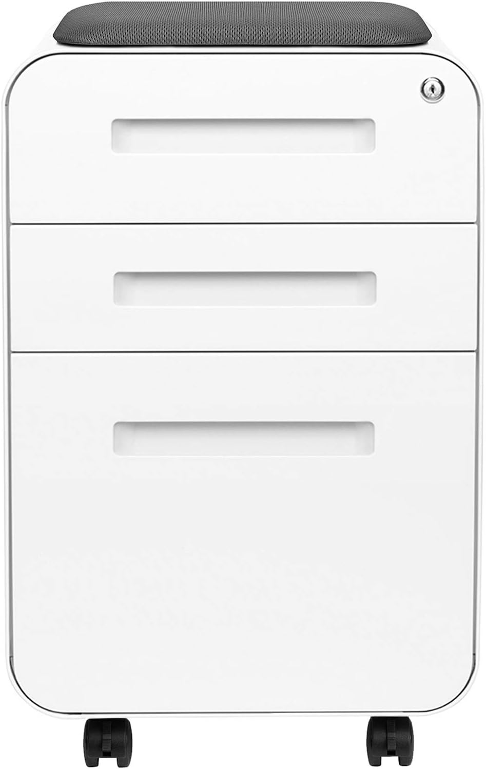 Laura Davidson Furniture STOCKPILE Curve Seated 3-Drawer Mobile File Cabinet with Removable Magnetic Cushion Seat - Metal Filing Cabinet, Pre-Assembled, White with Dark Grey Cushion