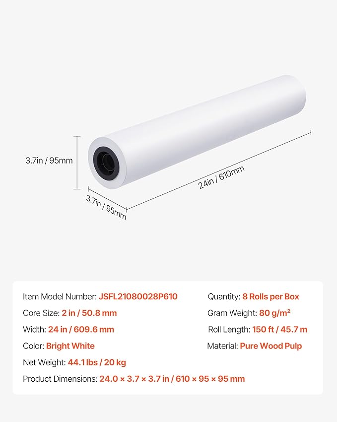 VEVOR Wide Format Paper, 24 in x 150 ft Plotter Roll, 8 Rolls CAD Bond Rolls - Image 7