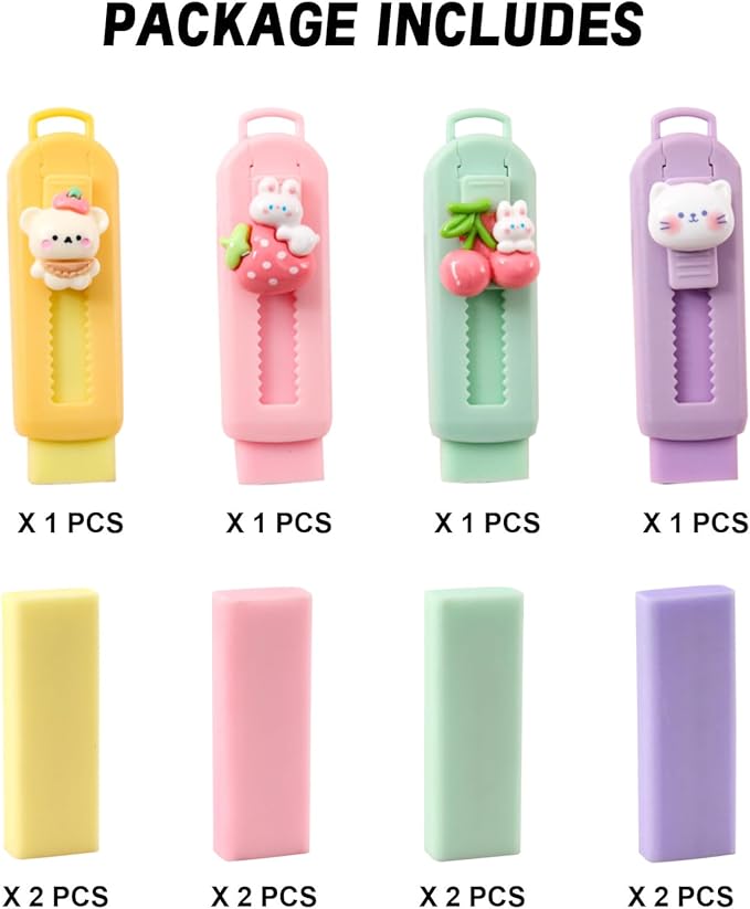BetterJonny Sliding Retractable Eraser, 4 Color Push Pull Erasers and 8 Refills - Image 2